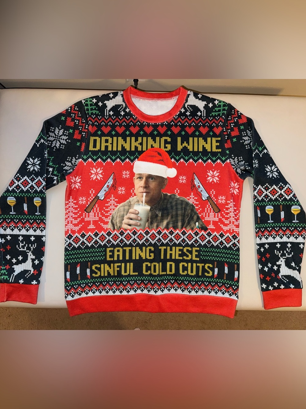 Red Novelty Holiday Sweater - Drinking Wine Eating These Sinful Cold Cuts